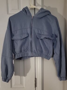 Ashley By 26 International Cropped Zip Hoodie in Dusty Blue